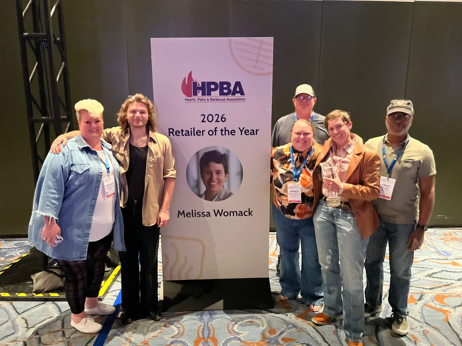 Melissa Womack and the CDR Fireplaces team at the HPBA 2026 Retailer of the Year banner