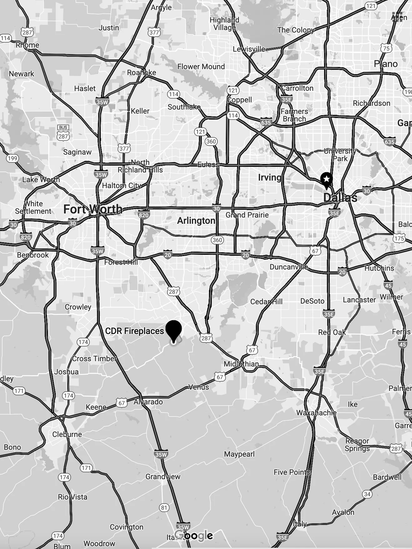 Map of the CDR Fireplaces service area across the Dallas-Fort Worth metroplex
