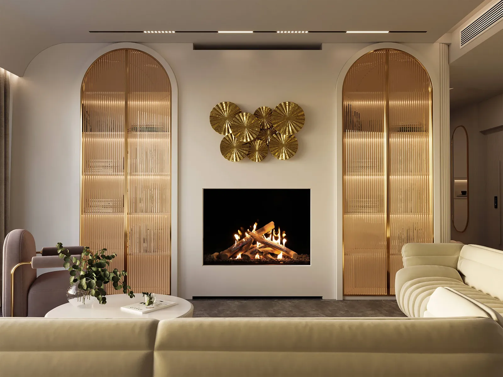 Luxury linear gas fireplace with brass cabinetry installed by CDR Fireplaces