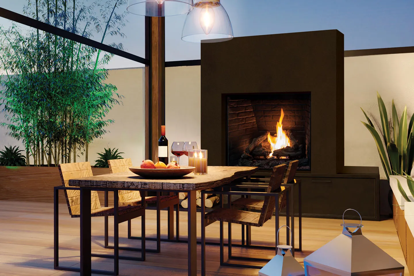 Outdoor linear fireplace installed on a luxury builder project