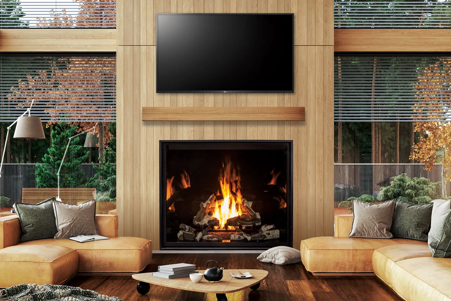 Serviced linear fireplace in a completed builder home
